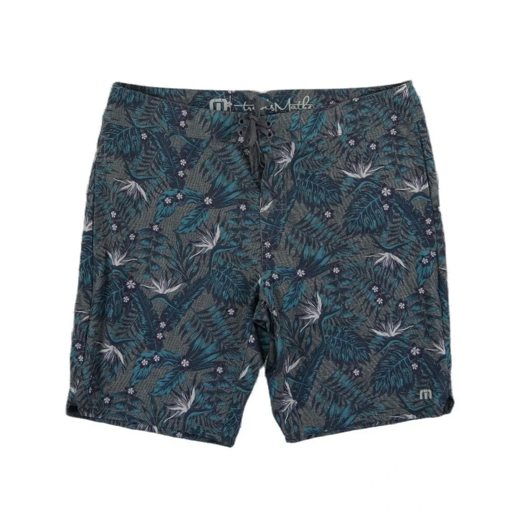TravisMathew Board Shorts Men's Size 36 Grey Teal Tropical Bird Paradise Summer